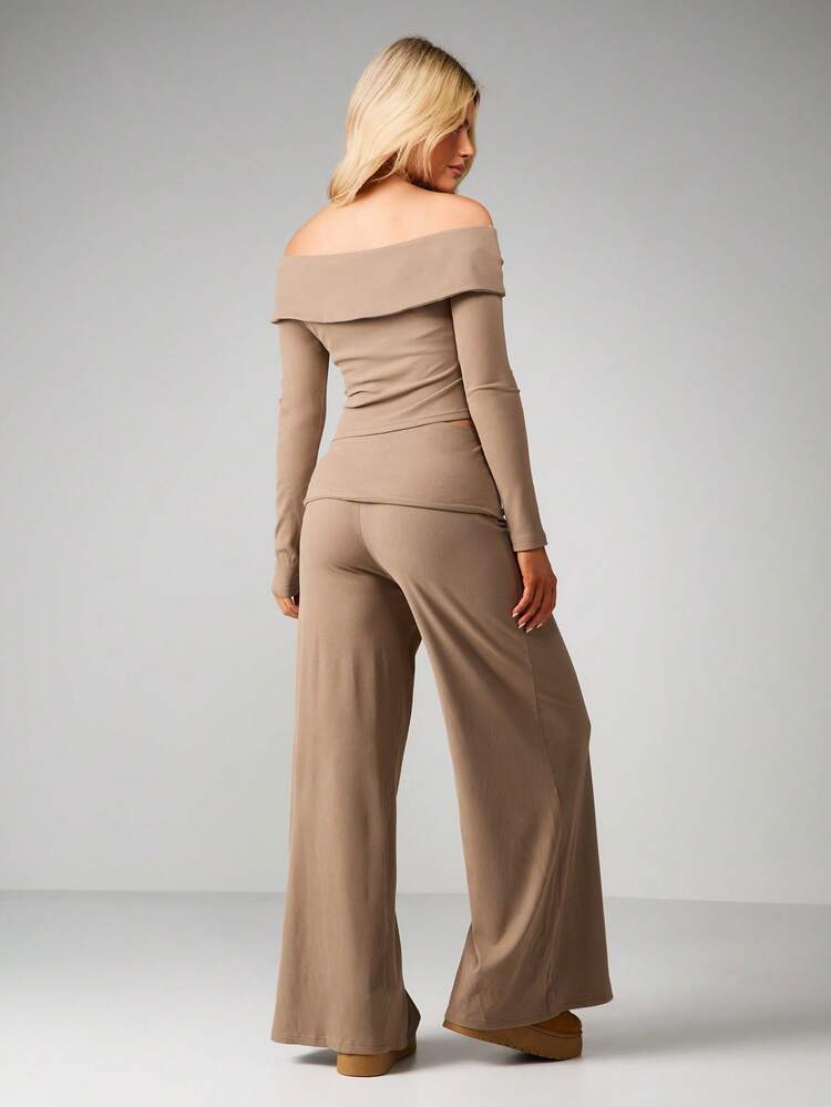MISSGUIDED Off Shoulder Ribbed Top And Wide Leg Palazzo Co Ord Set Long Sleeve Loungewear