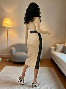 Elenzga Váy đen ngắn tay dáng ôm bó sát cổ bẻ màu tương phản thanh lịch dành cho nữ, mùa thu/đông - Màu Khaki - Xem 2