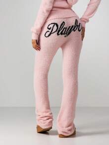 Missguided x Playboy Fluffy Knit Fold Over Waist Flared Yoga Pants With Script Detail - Pink - View 1
