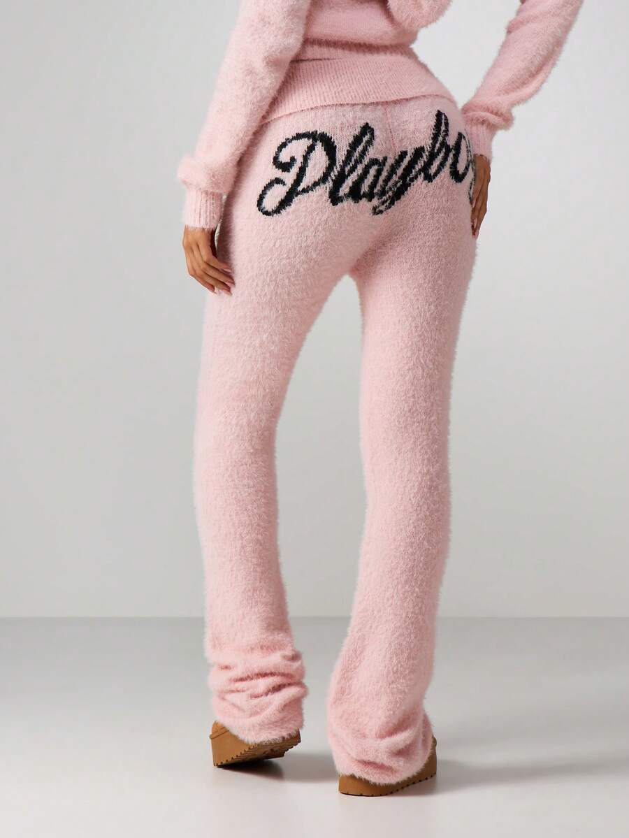 Missguided x Playboy Fluffy Knit Fold Over Waist Flared Yoga Pants With Script Detail - Pink - View 1