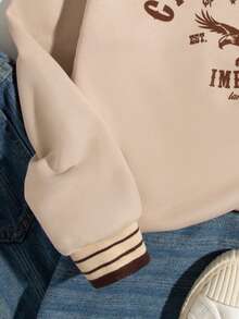 SHEIN Tween 女孩鷹與字母印花條紋 V 領套頭衫