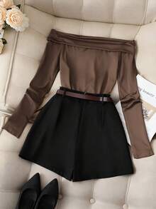 Franclia 休闲时尚通勤百搭黑色单肩褶皱长袖上衣搭配卡其色短裤/半裙（含腰带），女士两件套套装，适合春秋季穿着 - 棕色 - 查看 2