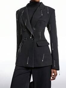 LYSMO 2025 极简主义冬季派对女士翻领长袖链条装饰双排扣收腰西装外套/圣诞节/女士圣诞节/圣诞节/新年/新年/感恩节/返校季/返校节/2000年代风格/Y2K女装/街头服饰