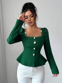 Elenzga Women's Elegant Commuter French Square Collar Bubble Pearl Crafted Puff Sleeve Long Sleeve Casual Blouse, Suitable For All Seasons, Autumn/Winter - Green - View 5
