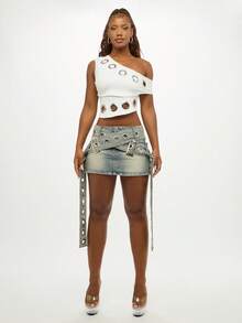 SUMWON 加大码单肩金属镂空系带露脐上衣 - 白色 - 查看 5