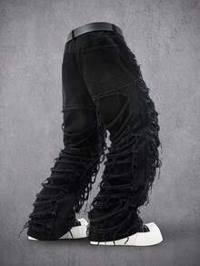 Manfinity Denimwave Men's Casual Distressed Ripped Raw Hem Black Jeans Punk Pants Men - Black - View 2