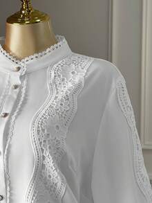 SHEIN Clasi Plus Size Women's New Elegant Versatile Loose Design Lace Patchwork Lantern Sleeve Single-Breasted Blouse - White - View 5
