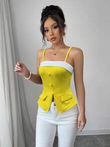 Franclia 撞色肩带女士背心，纽扣装饰肩带女士背心 - 黃色 - 查看 4