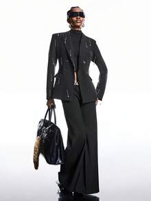 LYSMO 2025 极简主义冬季派对女士翻领长袖链条装饰双排扣收腰西装外套/圣诞节/女士圣诞节/圣诞节/新年/新年/感恩节/返校季/返校节/2000年代风格/Y2K女装/街头服饰