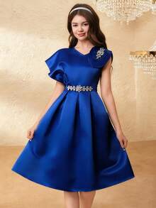 SHEIN Teen Girl Rhinestone Decor Ruffled Hem Elegant Luxurious Satin Beaded Long Dress