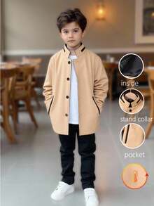 SHEIN 1件男童休闲撞色立领外套，秋冬季轻薄灰色长袖羊毛大衣，新款上市，适合日常穿着、户外活动、校园等场合。 - 卡其色 - 查看 1