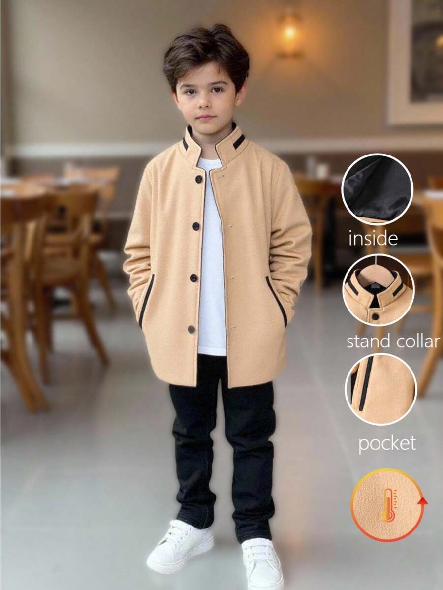 SHEIN 1件男童休闲撞色立领外套，秋冬季轻薄灰色长袖羊毛大衣，新款上市，适合日常穿着、户外活动、校园等场合。 - 卡其色 - 查看 1