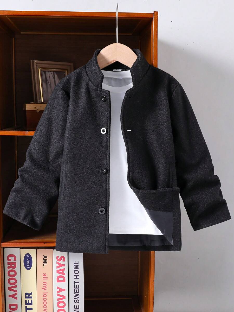 SHEIN 1件男童休闲撞色立领外套,秋冬轻薄灰色长袖羊毛大衣,新款上市,适合日常穿着、户外活动和校园穿着。 - 黑色 - 查看 1