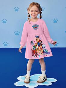 SHEIN | PAW Patrol 小女孩可爱卡通小狗印花圆领长袖针织连衣裙，适合秋冬季穿着 - 粉色 - 查看 5