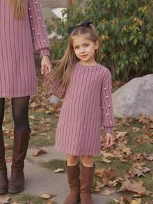 SHEIN Emery Rose Kids 少女优雅粉色珍珠灯笼袖长袖连衣裙，蓬松柔软，保暖舒适，适合姐妹装，秋冬季 - 粉色 - 查看 7