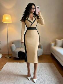 Elenzga Váy đen ngắn tay dáng ôm bó sát cổ bẻ màu tương phản thanh lịch dành cho nữ, mùa thu/đông - Màu Khaki - Xem 4