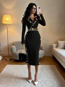 Elenzga 女士优雅撞色西装领修身长袖小黑裙，秋冬款 - 黑色 - 查看 6