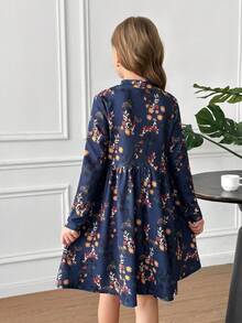 SHEIN Serisse Kids Váy ngắn thanh lịch cổ đứng in hoa cho bé gái tuổi teen, váy hoa cho bé gái, váy mùa đông dài tay in hoa, váy mùa đông thanh lịch cho bé gái, váy mùa đông cho bé gái - Màu xanh lam - Xem 6