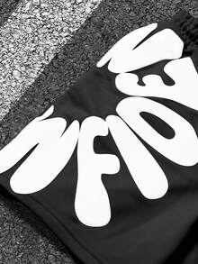 SLATEMANN 男士字母印花抽绳腰休闲宽松短裤 - 黑色 - 查看 3