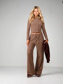 MISSGUIDED Ribbed Knit Two Piece Set Long Sleeve Top Wide Leg Pants Horizontal Striped Lounge Co Ord Fall Winter Casual Matching Outfit - Multicolor - View 4