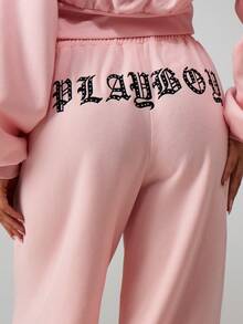 Missguided x Playboy Quần chạy bộ ống rộng thêu họa tiết kim cương và dây rút ở eo tạo sự thoải mái khi mặc thường ngày - Hồng - Xem 6