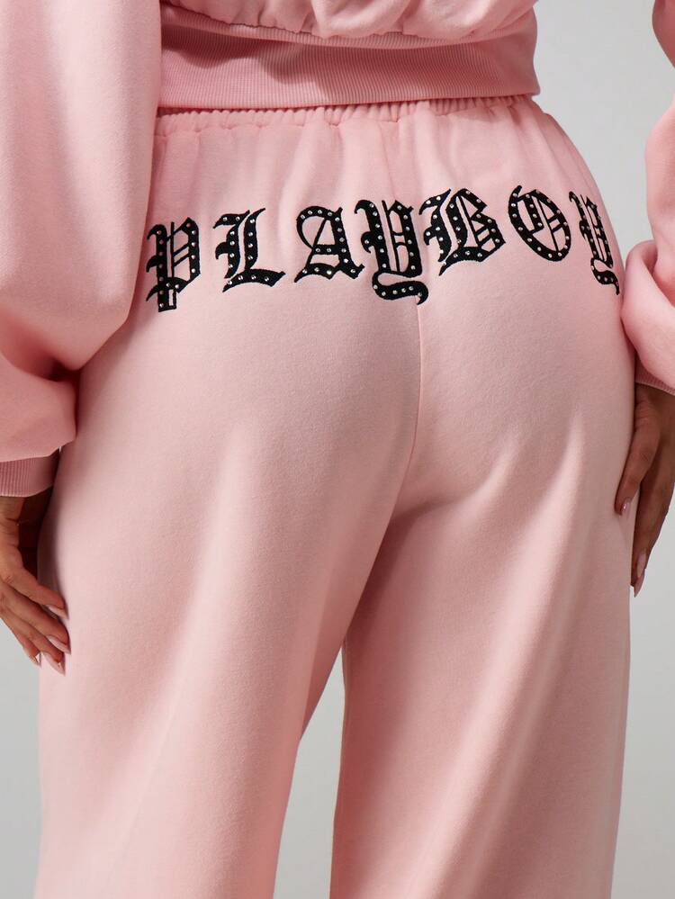 Missguided x Playboy Wide Leg Embroidered Joggers With Diamante Details And Drawstring Waist For Casual Comfort