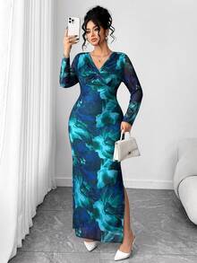 Elenzga 大码女士优雅扭结V领花卉网纱紧身连衣裙 - 彩色 - 查看 7