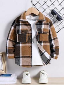 1pc Young Boy Casual Plaid Front Flap Pocket Shacket, Suitable For 4-7 Years Old Boys To Wear For Outings And School In Winter, Autumn And Spring - Yellow - View 7