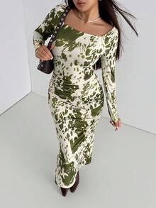 Aidyla 秋季豹纹针织数码印花长袖派对腰部修身优雅风格女式连衣裙，多色 - 綠色 - 查看 3