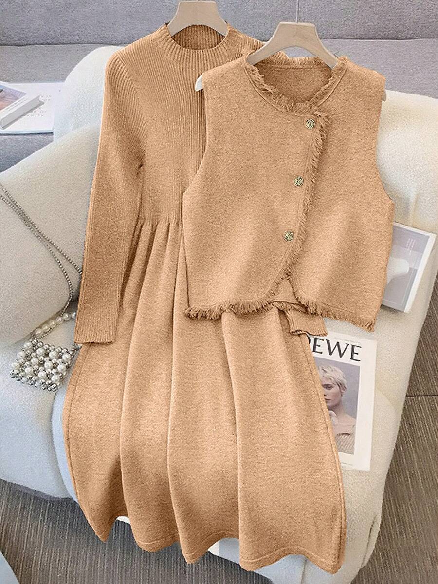 GlowEve Fashionable High-End Chic Round Neck Slimming Casual Long Cardigan & Knit Dress Two Pieces Set, Autumn/Winter - Khaki - View 1