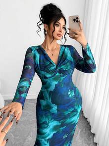 Elenzga 大码女士优雅扭结V领花卉网纱紧身连衣裙 - 彩色 - 查看 4