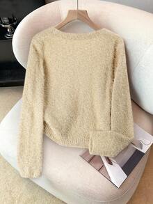 Franclia Cárdigan casual de manga larga de unicolor para mujer - Caqui - Ver 2