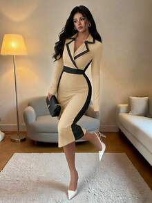 Elenzga Váy đen ngắn tay dáng ôm bó sát cổ bẻ màu tương phản thanh lịch dành cho nữ, mùa thu/đông - Màu Khaki - Xem 5