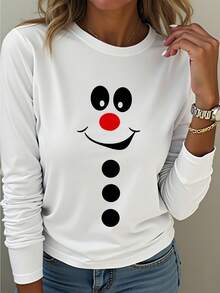 EMERY ROSE Áo thun họa tiết người tuyết hoạt hình Giáng sinh thời trang giản dị thoải mái dạo phố ôm vừa vặn thời trang gia đình thu đông xuân thường ngày dạo phố tay dài áo thun họa tiết dành cho nữ mùa xuân - trắng - Xem 1