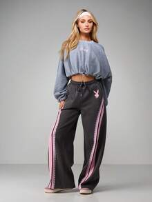 Missguided x Playboy Bunny Logo Heathered Sweatshirt With Drawstring Hem And Long Sleeves For Casual Comfort - Light Grey - View 3