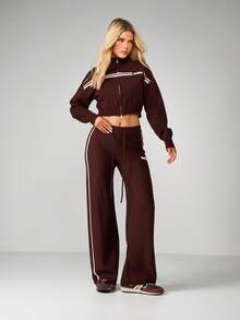 MISSGUIDED 罗纹针织阔腿直筒裤，侧边条纹细节，抽绳腰带 - 咖啡棕 - 查看 5