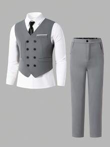 SHEIN 3pcs Teenage Grey Gentleman Suit Set: Blazer Vest,White Shirt,Trousers For Summer Graduation,Piano Performance,Wedding&Formal Occasions - Light Grey - View 3