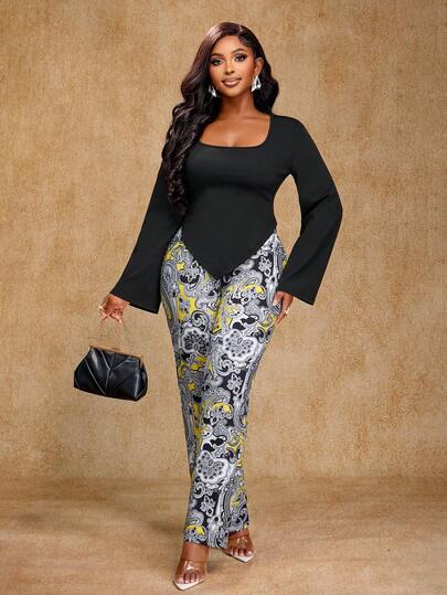 Brilight Square Neck Long Sleeve Fitted Top & Vintage Fitted Pants