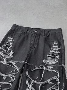 Manfinity Denimwave Men's Casual Distressed Ripped Frayed Hem Black & Grey Jeans Men Black Distressed Jeans Men Ripped Jeans - Dark Grey - View 5