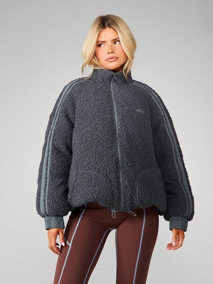 MISSGUIDED Oversized Borg Fleece Winter Jacket With Sports Stripe Detailing For Cold Weather