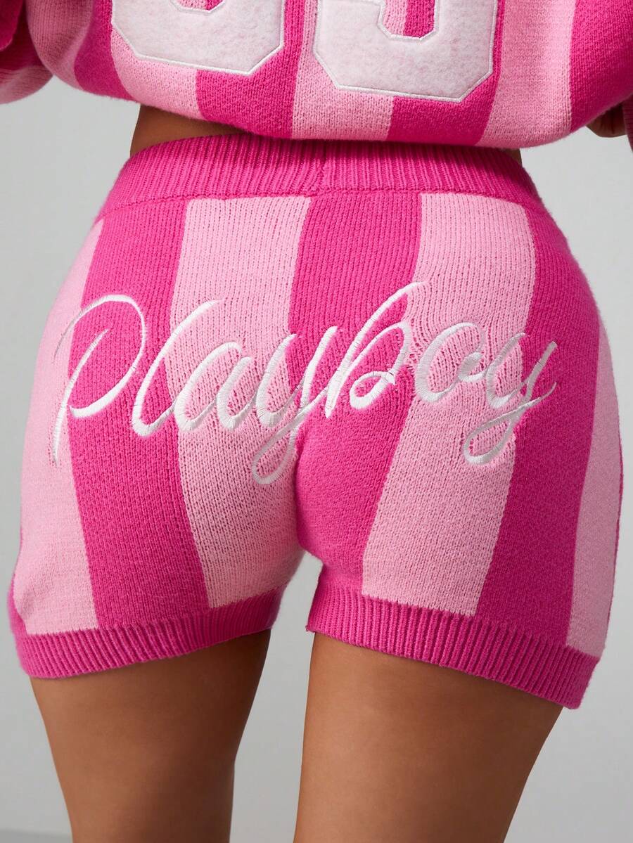 Missguided x Playboy Quần short dệt kim nữ có sọc dọc và thêu chữ thảo hoàn hảo cho trang phục mặc nhà mùa xuân hè - Nhiều màu - Xem 1