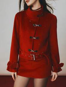 Rina Fox 2pcs Women Wool Blend Jacket And Skirt Set, Autumn/Winter - Red - View 6