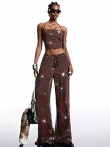 LYSMO Women's Punk Style Halter Neck Tank Top & Long Pants 2 Pieces Set - Coffee Brown - View 1