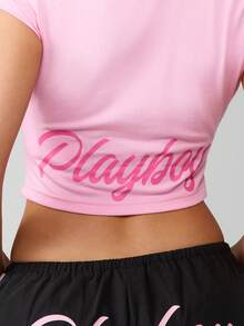Missguided x Playboy Áo thun crop top tay ngắn thêu họa tiết trái tim cho bé - Hồng - Xem 5