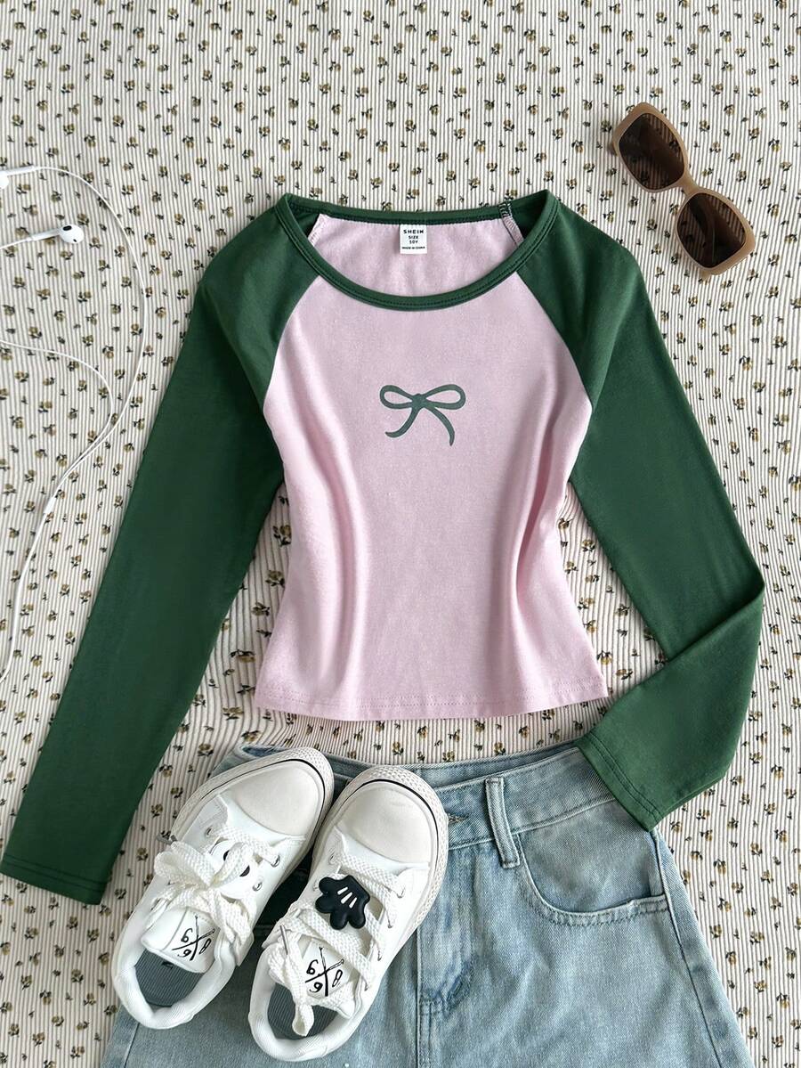 SHEIN 少女休闲撞色圆领长袖上衣 - 粉色 - 查看 1