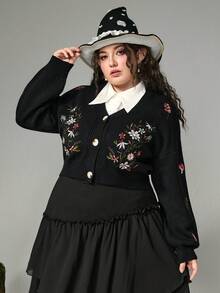 ROMWE Fairycore 复古蘑菇刺绣图案加大码仙女风蘑菇花卉森林树叶植物刺绣开衫毛衣，秋冬加大码女式上衣，加大码女式针织开衫 - 彩色 - 查看 11