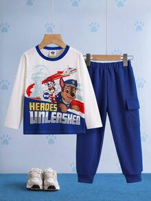 SHEIN | PAW Patrol 2pcs/Set Young Boy Cartoon Dog Graphic Knit Contrast Collar Long Sleeve T-Shirt And Cuffed Pocket Sweatpants, Autumn/Winter - Blue - View 1