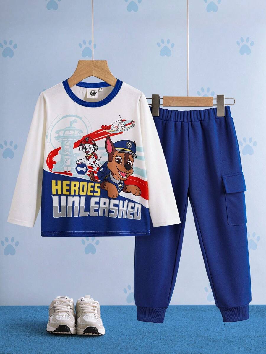 SHEIN | PAW Patrol 2pcs/Set Young Boy Cartoon Dog Graphic Knit Contrast Collar Long Sleeve T-Shirt And Cuffed Pocket Sweatpants, Autumn/Winter - Blue - View 1