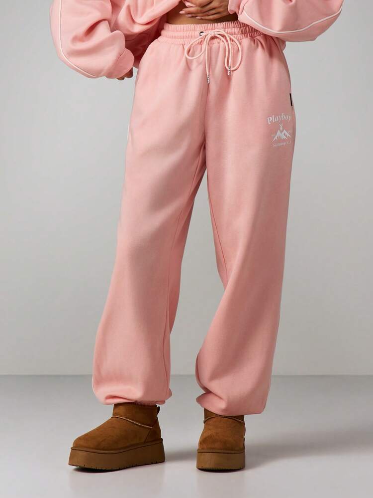 Missguided x Playboy Logo Drawstring Joggers Cuffed Sweatpants With Mountain Print Graphics