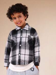 SUMWON Boys Flannel Plaid Button Down Long Sleeve Shirt Fall Winter Casual School - Black and White - View 5